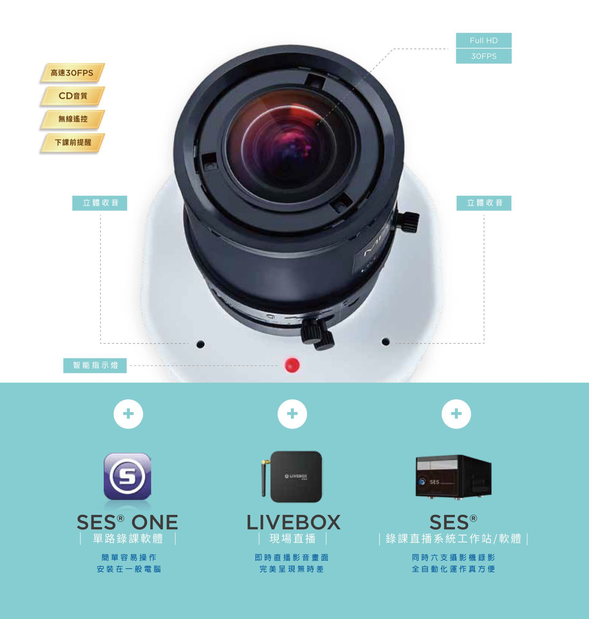 iCam PRO 超高畫質數位攝影機支援 Full HD 畫質與 30FPS 高速錄影，具備立體收音、智慧指示燈、CD 級音質與無線遙控啟錄功能，能與 SES One 錄課軟體、Livebox 即時直播與 SES 多機錄製系統無縫整合，是教育機構實現課程拍攝、自動錄影與現場直播的最佳教學影像設備。