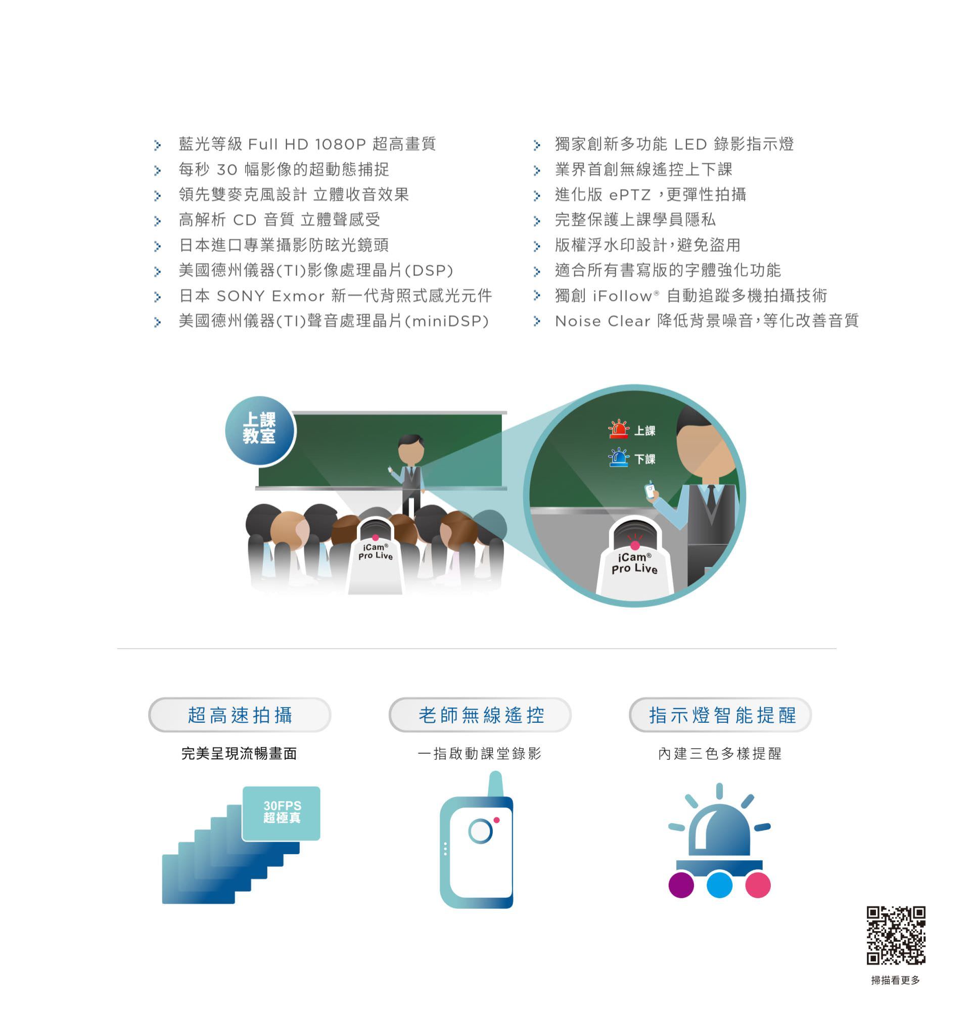 iCam Pro LIVE 攝影機具備藍光等級 Full HD 1080P 超高畫質與 30FPS 超順暢影像輸出，內建高解析 CD 音質立體收音、德製 DSP 處理晶片與 SONY Exmor 背照式感光元件，支援 ePTZ 靈活構圖與 iFollow 多機自動追蹤拍攝，搭配無線啟錄器與三色 LED 指示燈提示上課狀態，適用數位教學、課堂錄影與智慧教室，是功能完整、畫質與聲音兼備的專業級直播攝影機。