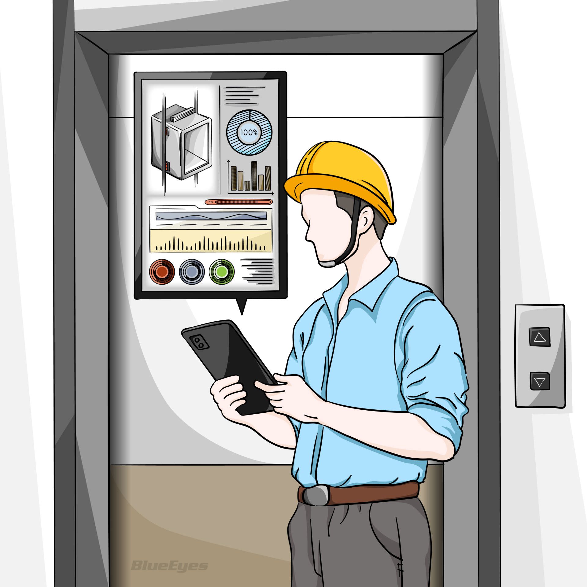 技師使用平板手機檢查電梯狀態