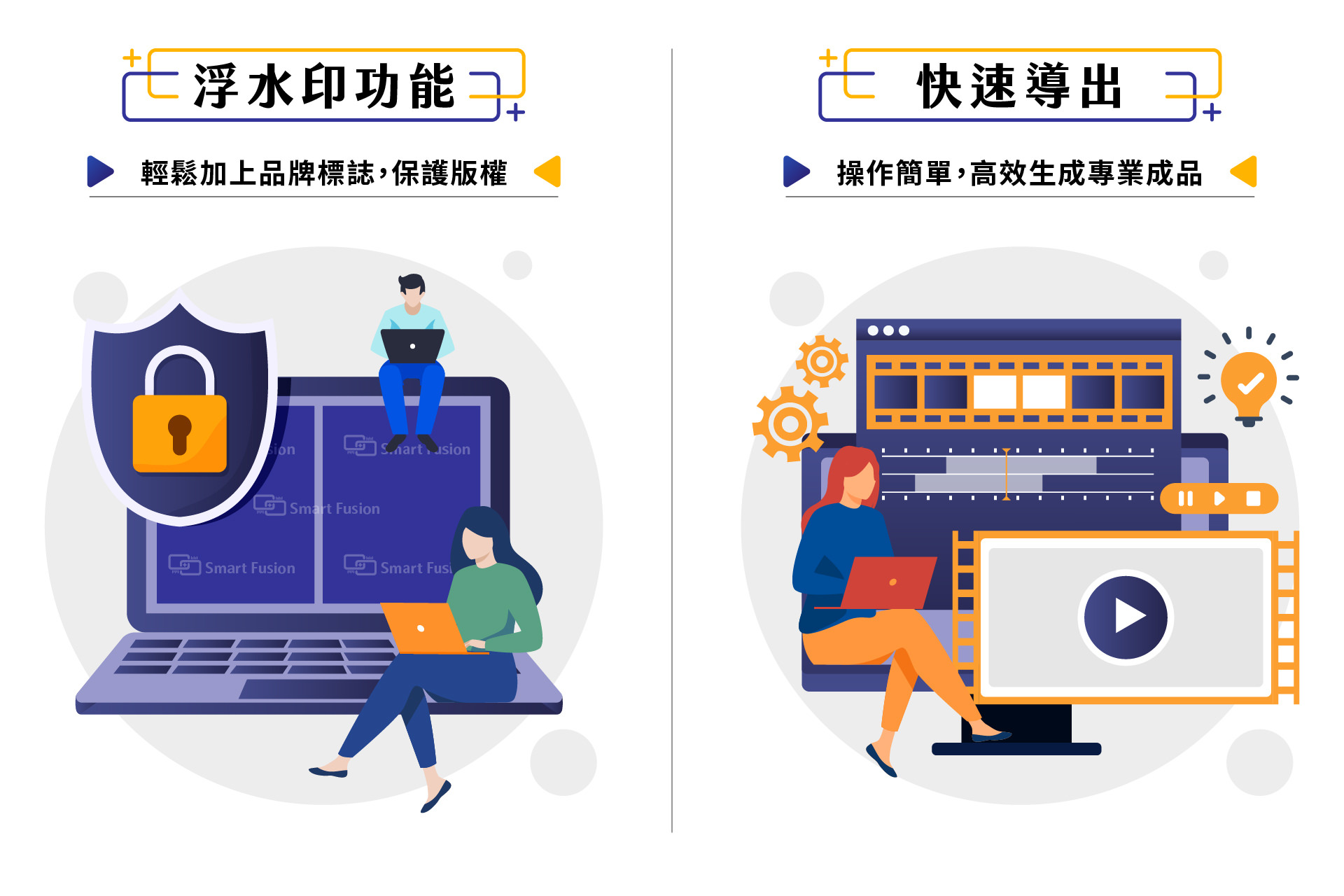 Smart Fusion 影片智慧融合內建浮水印功能，能輕鬆加入品牌標誌以保護版權並提升專業度，同時支援快速導出，讓使用者以簡單操作高效生成專業級影片，適合教育課程、產品行銷、企業簡報與活動紀錄，結合智慧化合成、字幕、子母畫面等多元功能，全面滿足不同創作需求，幫助內容創作者與企業高效率打造專屬影片，展現品牌價值並有效提升影片影響力。